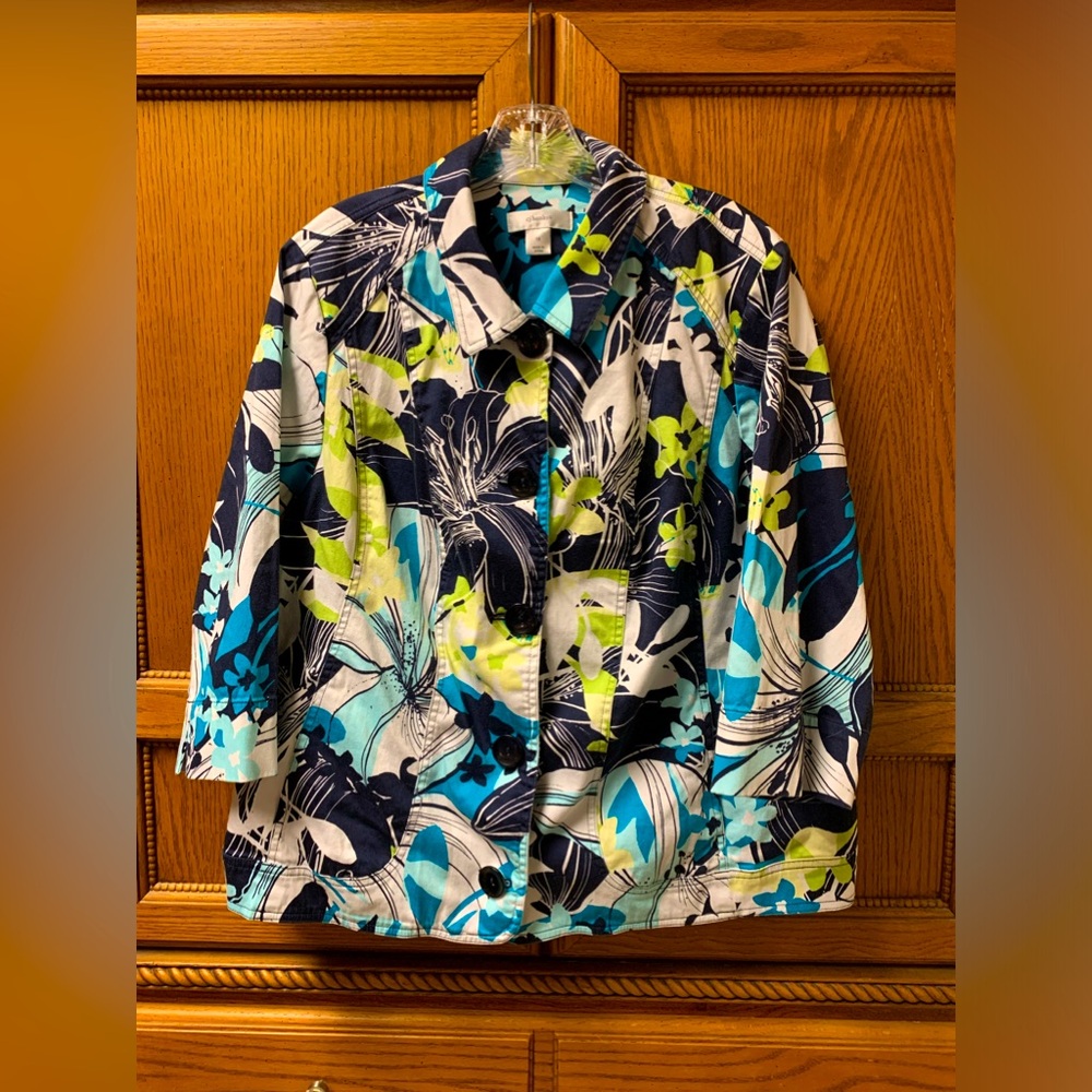 CJ Banks Women’s Blue White Green Floral Print Blazer Size 1X